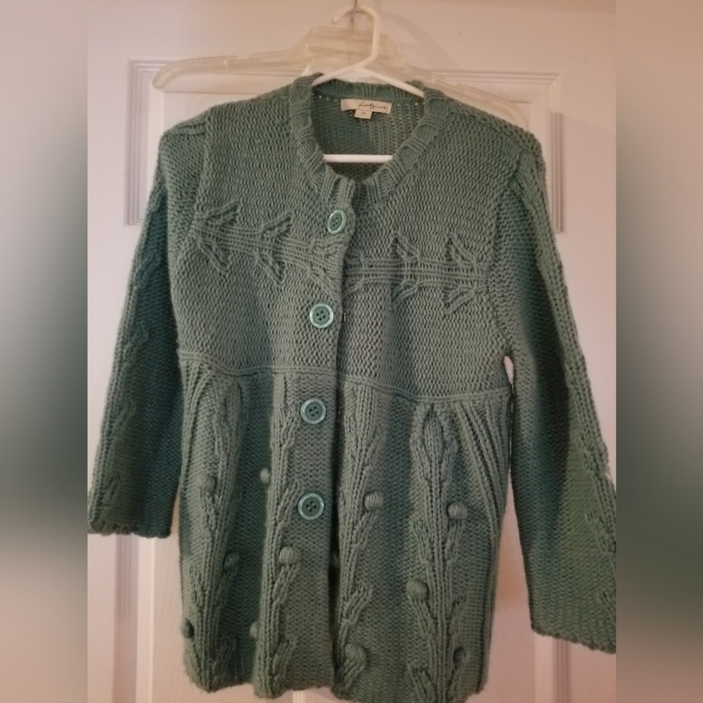 Green cable knit button up sweater M